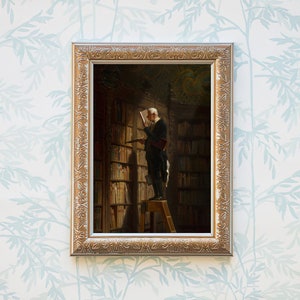 May include: A framed oil painting depicting a man in a dark suit standing on a ladder in a library, reaching for a book on a high shelf. The library is filled with bookshelves and the man is surrounded by books.