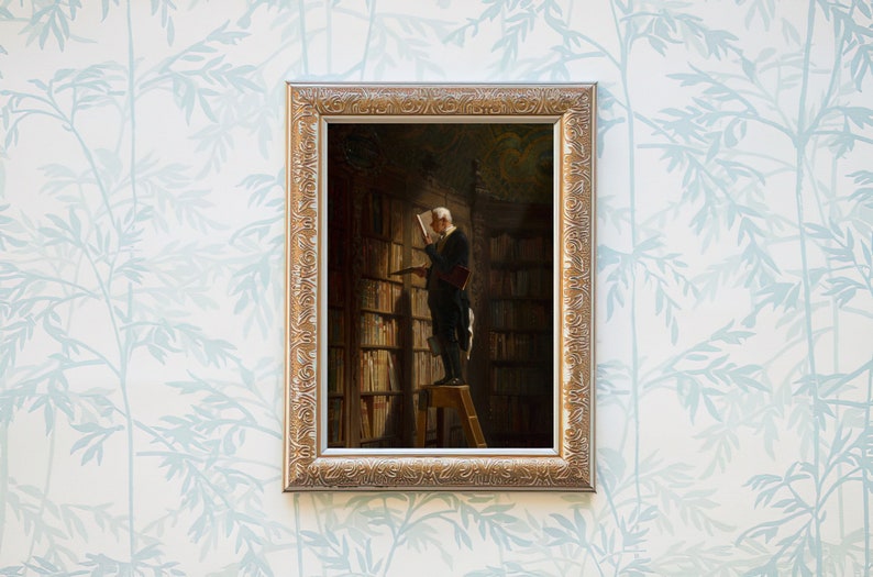 May include: A framed oil painting depicting a man in a dark suit standing on a ladder in a library, reaching for a book on a high shelf. The library is filled with bookshelves and the man is surrounded by books.