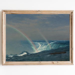 FREE SHIPPING - Rainbow Above The Waterfall Oil Painting - Niagara Falls Landscape Painting - Colorful Rainbow Art Print