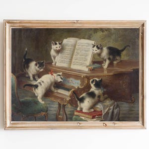 FREE SHIPPING - Five Kittens Playing On The Piano Art Print - Vintage Cats Oil Painting - Cute Kittens Wall Art