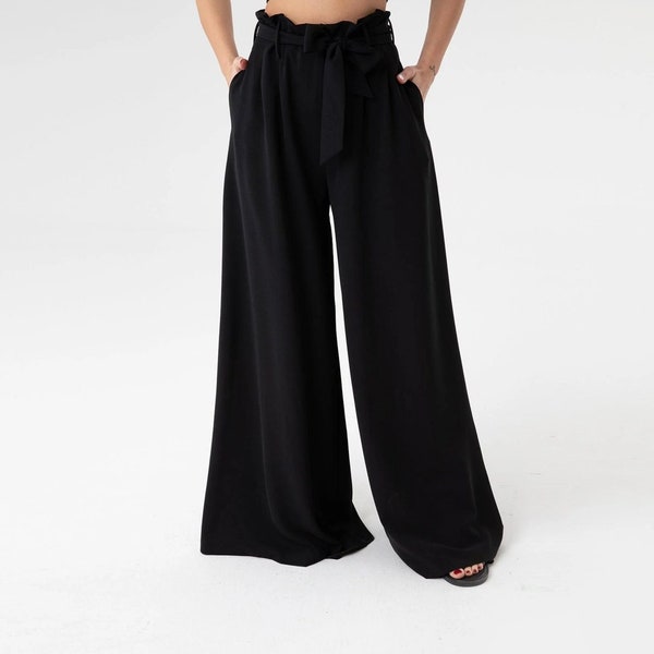 Wide Skirt Pants with Tie Belt, Wrap Around High Waisted Pants, Wide Leg Trousers, Black Palazzo Pants, Wide Leg Pants with Pockets, Trouser