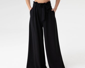 Pantalon jupe large avec ceinture à nouer, pantalon taille haute portefeuille, pantalon large, pantalon palazzo noir, pantalon large avec poches, pantalon