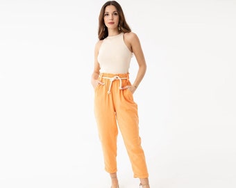 Paperbag High Waist Tapered Pants, Elastic Waist Cotton Pants, Relaxed Cropped Trousers Loose Casual Cotton Trousers Spring Boho Ankle Pants