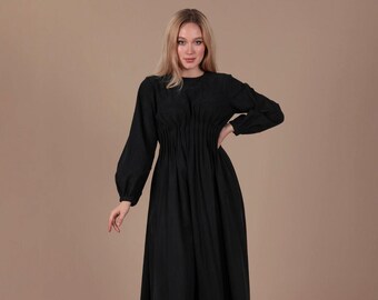 Long Sleeve Flowy Ankle Length Dresses, Solid Color Dresses, Dressy Maxi Dress, Spring Casual Dress, Elastic Waist Dress, Modest Clothing