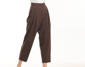 Cropped Tapered Pants, Palazzo Pants, High Waisted Pants, Ankle Pants, Relaxed Fit Trousers, Pleated Cropped Pants with Pockets, Brown Pants