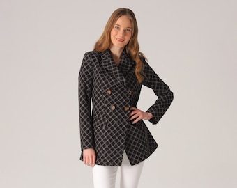 Double Breasted Checkered Formal Blazer, Brown Lapel Blazer, Checkered Suit Jacket, Checked Blazer, Shawl Blazer, Professional Suit Blazer 