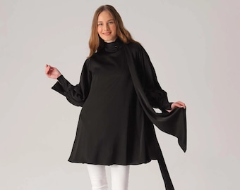 Silk Black Neck Tie Solid Tunic, Long Sleeve Tunic, Black Maxi Tunic, Loose Blouse Top, Oversized Tunic, Plus Size Blouse, Modest Clothing