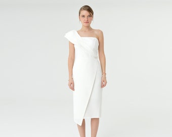 White Reception Dress, Elegant white dress, White Midi Dress, White Cocktail Dress, Midi Dress Formal, Engagement Dress, Wedding Guest Dress