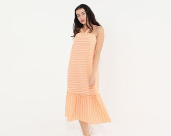 Vestido con vuelo de tiras a rayas, vestido maxi escalonado ahumado, vestido maxi sin mangas, vestido de verano naranja, vestido de mezcla de viscosa, vestido maxi halter