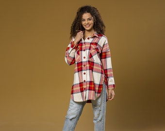 Women Casual Flannel Plaid Shirt Button Stand Collar Tops Blouse T-shirts Top D/ 