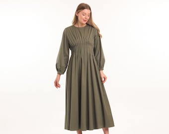 Long Sleeve Khaki Maxi Dress that is Vintage Inspired! Elastic Waist Long Dress, Summer Cotton Dress, Green Boho Dress, Casual Modest Dress