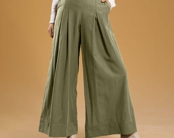 Khaki Green, High Waisted Wide Legged Pants, Casual Trousers for Women, Side Zipper Pants, Flat Front Zip Pants, Full Length Trousers