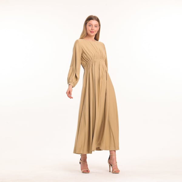 Beige Long Sleeve Flowy Ankle Length Dress, Cotton Formal Dress, Fit and Flare Maxi Dress, Victorian Dress, Boho Maxi Dress, Modest Dress