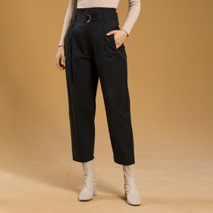 Oversized Silver Belted Carrot Black Pants, High Waisted Pants, Belted Pants, Black Trousers For Women, Relaxed Fit Pants, Modest Clothing image 1