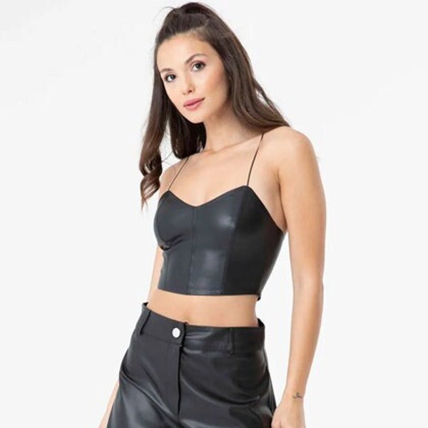 Vegan Leather Spaghetti Strap Crop Top, Thin Strap Tank Top, Vegan Leather Top, Cropped Bralette Tank, Women's Cropped Tank Faux Leather Top