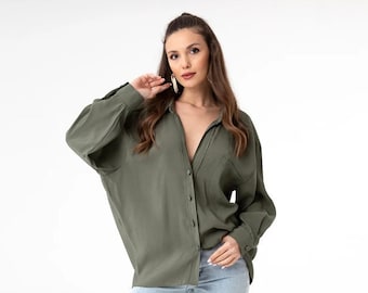 Button Up Shirt, Long Sleeve Top, Oversized Top, Collared Blouse, Loose Top, Solid Casual Top, Green Shirt, Button Down Shirt, Modest Top