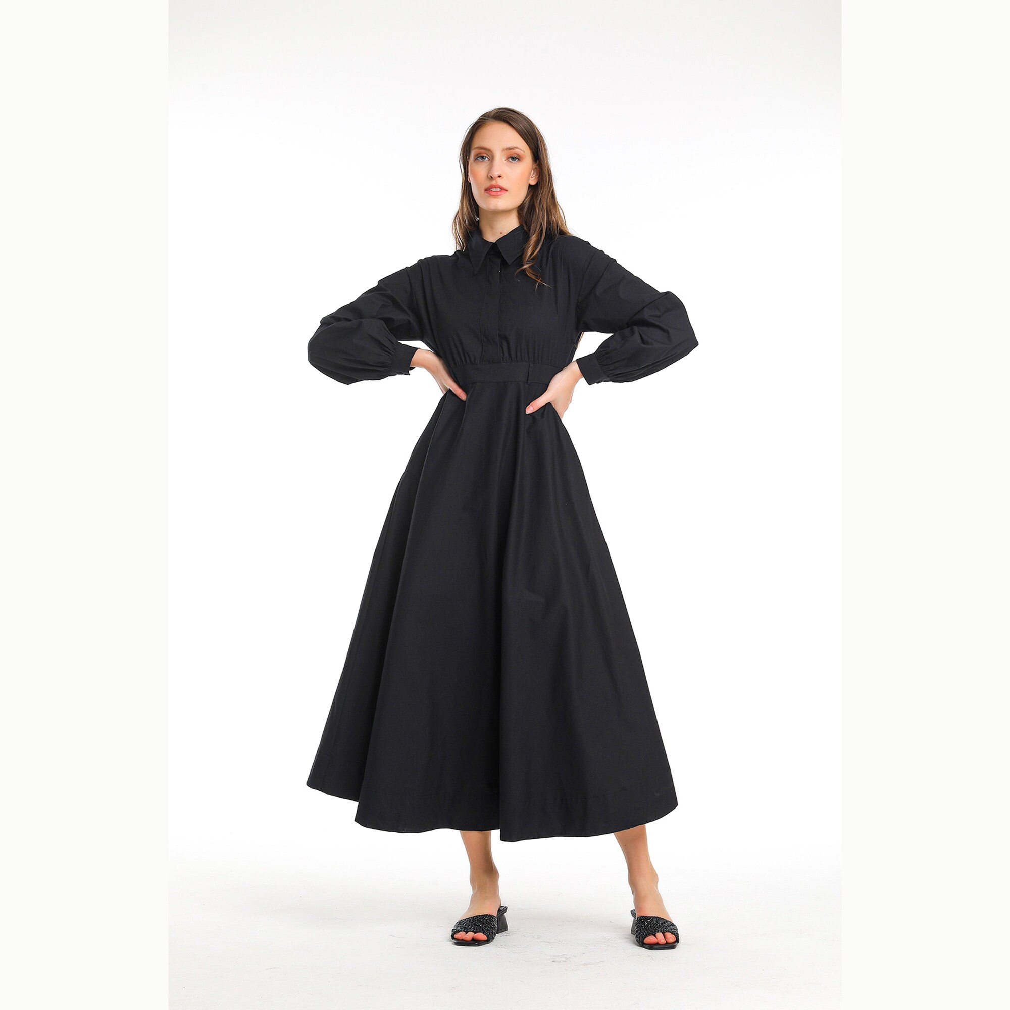 Black Collared Maxi Shirt Dress Button Down Long Dress Long Etsy