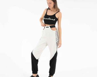 Black and White Side Cut Out Joggers, Metallic Stripe Jogger Pants, High waisted Metallic Joggers, Color block Sweatpants,  Stretchy Jogger