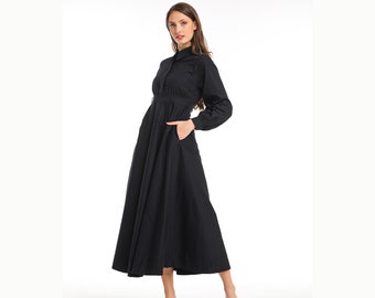 Black Collared Maxi Shirt Dress, Button Down Long Dress, Long Sleeve Flowy Ankle Length Dress, Black Fit Flare Midi Dress, Modest Maxi Dress