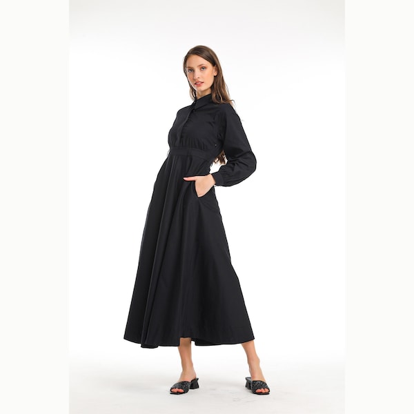 Robe chemise Maxi à col noir, robe longue boutonnée, robe fluide à manches longues longueur cheville, robe midi Flare Black Fit, robe Maxi modeste