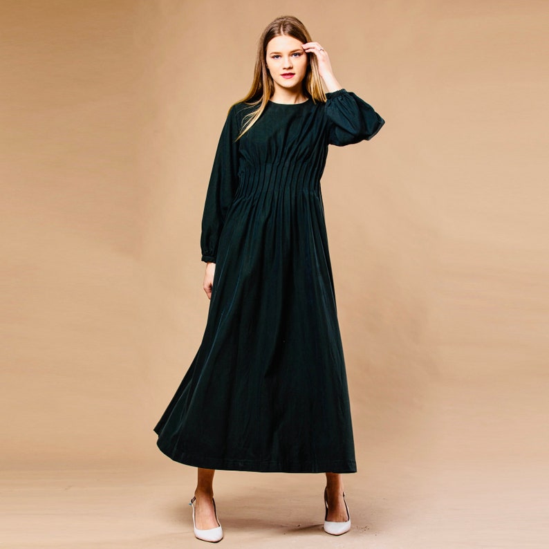 Long Sleeve Fit and Flare Maxi Dress, Flowy Ankle Length Dress, Long Cotton Back Lace Dress, Victorian Dress, Boho Maxi Dress, Modest Dress Dark Green