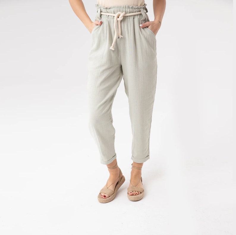 Paperbag High Waist Tapered Pants, Elastic Waist Cotton Pants, Relaxed Cropped Trousers Loose Casual Cotton Trousers Spring Boho Ankle Pants Mint
