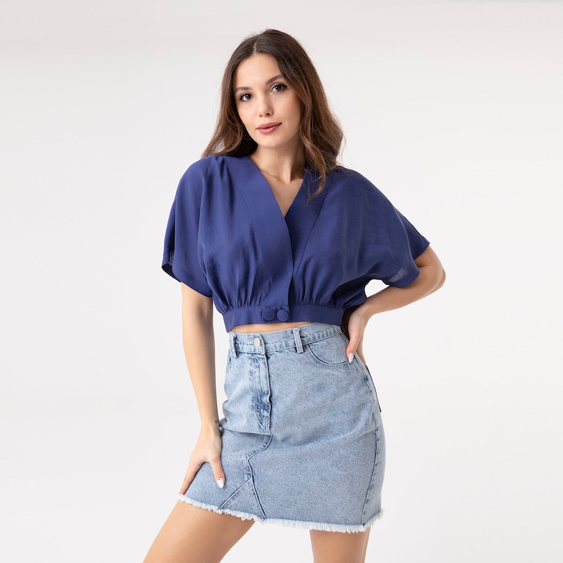 Short Sleeve Cropped Shirt, Oversized Crop Shirt, Front Button Detail Blouse, Summer Blouse, Crop Top Blue, V-Neck Crop Top, Bell Sleeve Top Navy