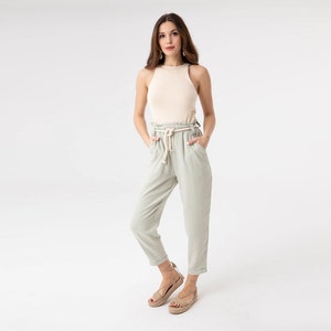 Paperbag High Waist Tapered Pants, Elastic Waist Cotton Pants, Relaxed Cropped Trousers Loose Casual Cotton Trousers Spring Boho Ankle Pants image 5