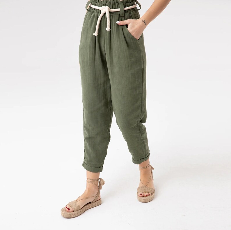 Paperbag High Waist Tapered Pants, Elastic Waist Cotton Pants, Relaxed Cropped Trousers Loose Casual Cotton Trousers Spring Boho Ankle Pants Khaki