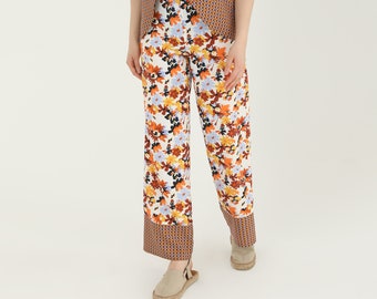 Retro bloemenbroek met rechte pijpen, broek met hoge taille, broek met bloemenprint, casual broek met hoge taille, lente-zomerbroek, resortkleding, vakantie