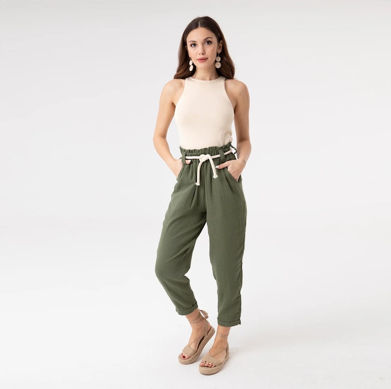 Paperbag High Waist Tapered Pants, Elastic Waist Cotton Pants, Relaxed Cropped Trousers Loose Casual Cotton Trousers Spring Boho Ankle Pants image 3