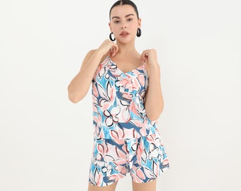 Ensemble d'été caraco et short à imprimé floral, short à caraco court, ensemble deux pièces assorti, tenue d'été, tenue de vacances, short large