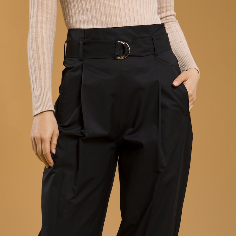 Oversized Silver Belted Carrot Black Pants, High Waisted Pants, Belted Pants, Black Trousers For Women, Relaxed Fit Pants, Modest Clothing image 4