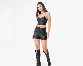 Vegan Leather Shorts, Faux Leather Shorts, High Waist Shorts, High-Rise Shorts, Black Wide Leg Shorts High-Waist Shorts, Belted Shorts Black