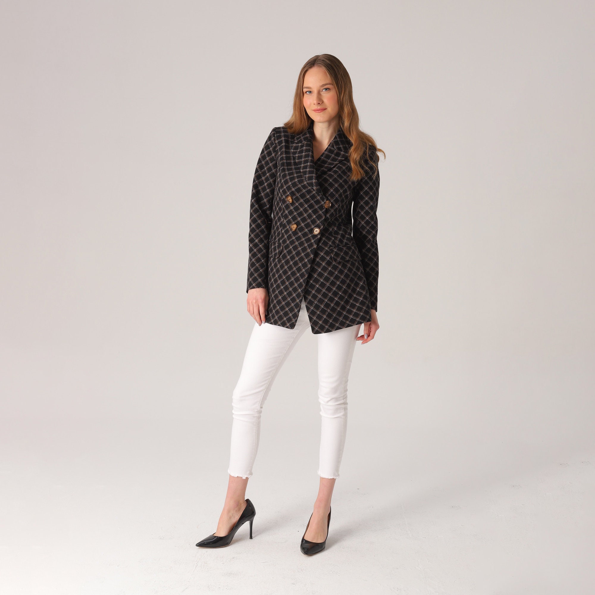 Double Breasted Checkered Formal Blazer Brown Lapel Blazer Etsy