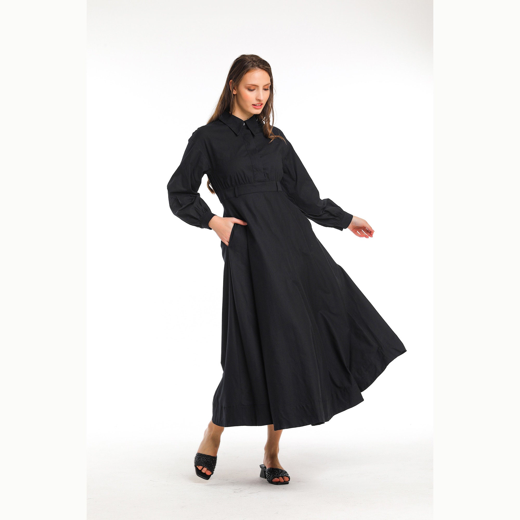 Black Collared Maxi Shirt Dress Button Down Long Dress Long Etsy