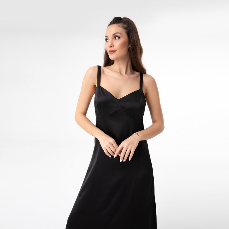Satin Side Slit Midi Dress, Formal Wedding Guest Dress, Black Cocktail Dress, Elegant Satin Maxi Dress, Straps V Neck Dress, A Line Dress image 4