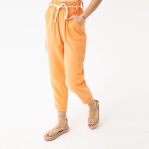 Paperbag High Waist Tapered Pants, Elastic Waist Cotton Pants, Relaxed Cropped Trousers Loose Casual Cotton Trousers Spring Boho Ankle Pants Salmon