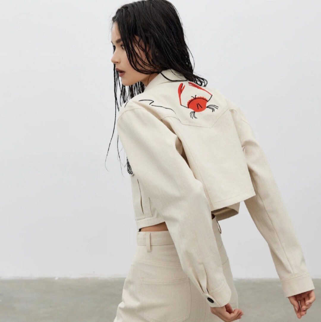 Embroidery Straight Crop Jacket, Front Flap Pocket Jacket Double Pocket Crop Autumn Jacket Shirt ...