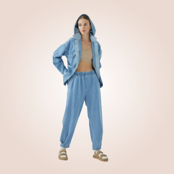 VeratheLabel Oversized Hooded Denim Jacket and Pants Set, Two Piece Denim Set, Denim Jacket, Tapered Leg Jeans, Denim Harem Pants, Elastic Waist Jeans