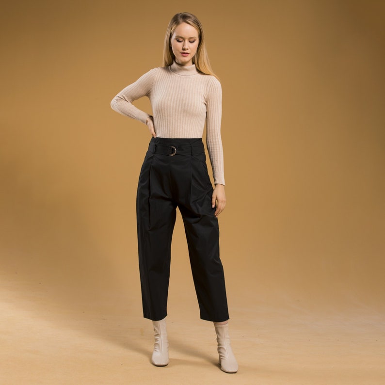 Oversized Silver Belted Carrot Black Pants, High Waisted Pants, Belted Pants, Black Trousers For Women, Relaxed Fit Pants, Modest Clothing image 5