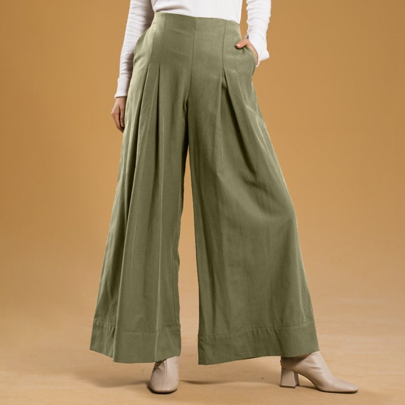 Khaki Green, High Waisted Wide Legged Pants, Casual Trousers for Women,  Side Zipper Pants, Flat Front Zip Pants, Full Length Trousers 