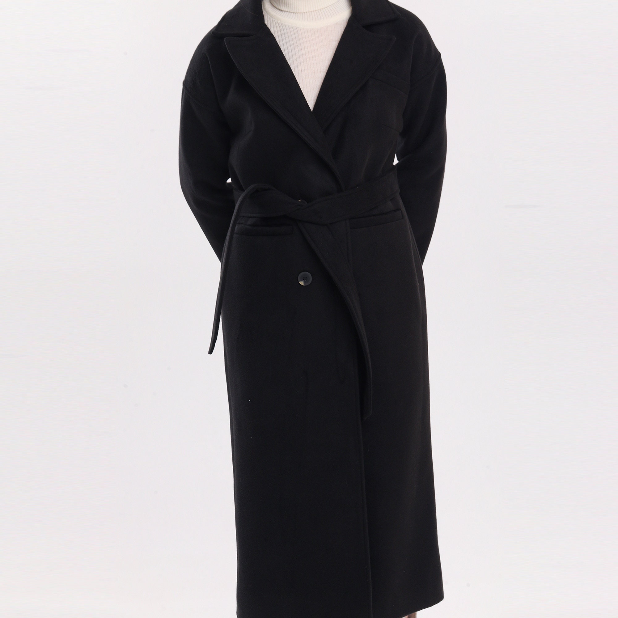 Long Belted Black Wool Coat Doublebreasted Wool Maxi Coat Etsy Canada