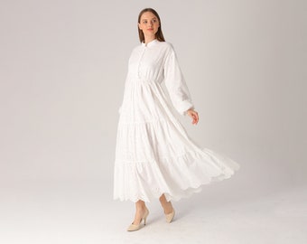 White Long Sleeve Eyelet Maxi Dress, Ankle Length Dress, Summer Flowy Loose Fit Dress, Cotton Dress, White Boho Maxi Dress, Modest Dress Top