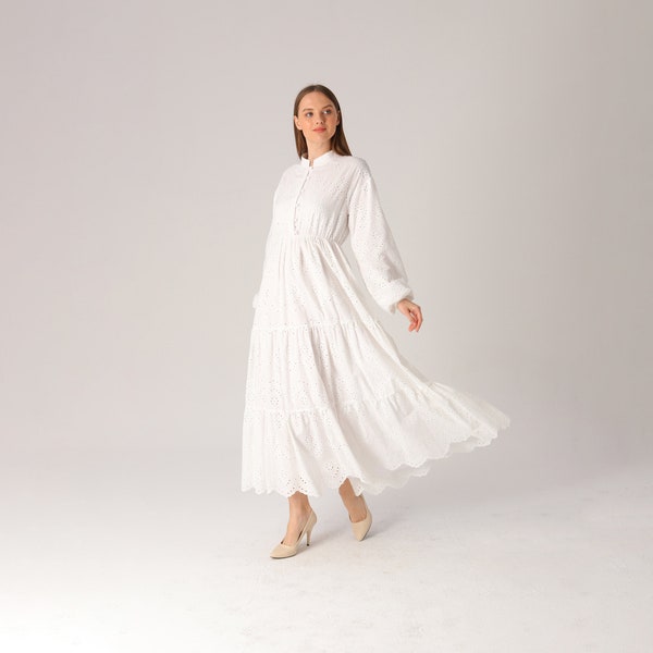 White Long Sleeve Eyelet Maxi Dress, Ankle Length Dress, Summer Flowy Loose Fit Dress, Cotton Dress, White Boho Maxi Dress, Modest Dress Top
