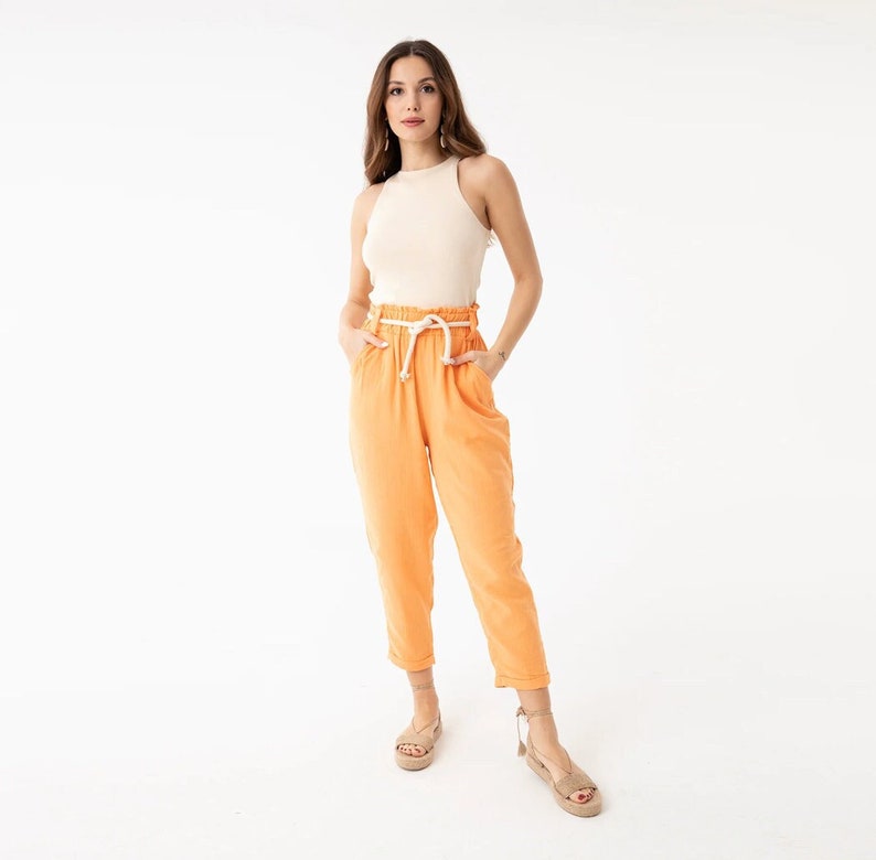 Paperbag High Waist Tapered Pants, Elastic Waist Cotton Pants, Relaxed Cropped Trousers Loose Casual Cotton Trousers Spring Boho Ankle Pants image 1