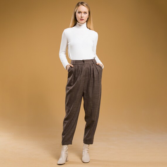 Womens Tapered/Carrot Pants Elegant Zipper Fly High Waist Beige M