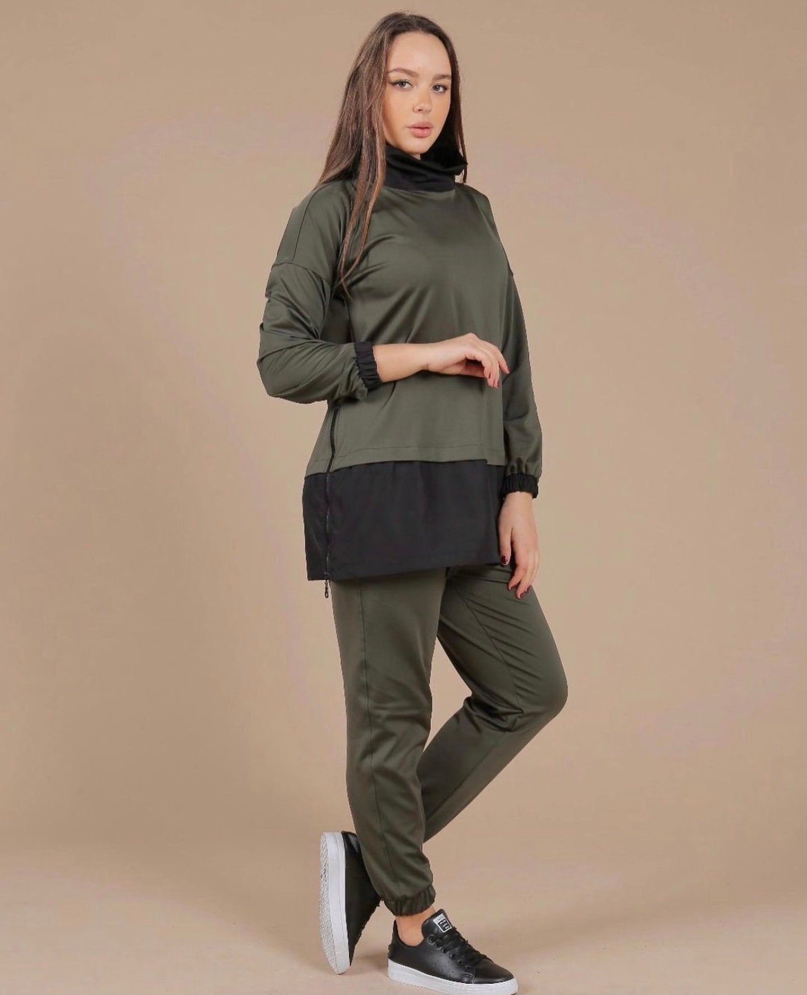 Khaki Black Sweatshirt and Pants Set Matching Sweatsuit Top Etsy