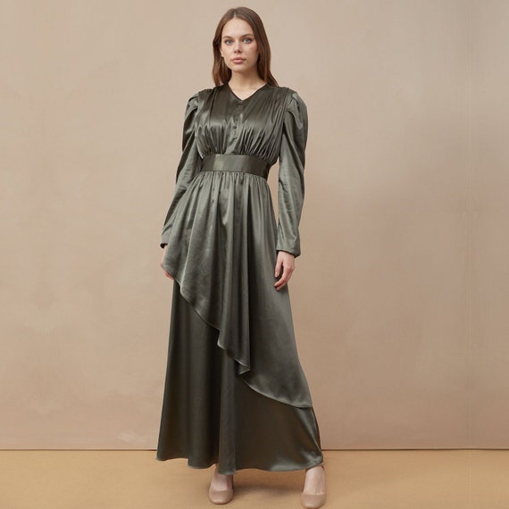 VeratheLabel Green Long Satin Dress, Long Sleeve Maxi Dress, Long Cocktail Dress, Long Evening Dress, Asymmetric Elegant Ankle Dress, Satin Abaya Dress