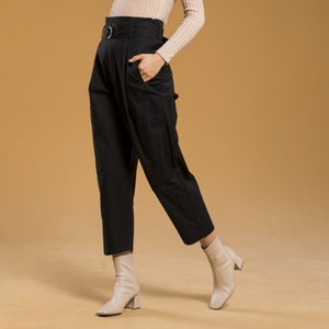 Oversized Silver Belted Carrot Black Pants, High Waisted Pants, Belted Pants, Black Trousers For Women, Relaxed Fit Pants, Modest Clothing image 3